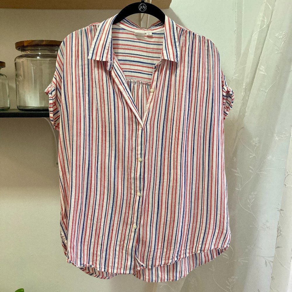 GAP Striped Lightweight Button Down Blouse L Red Blue White Cotton Rayon